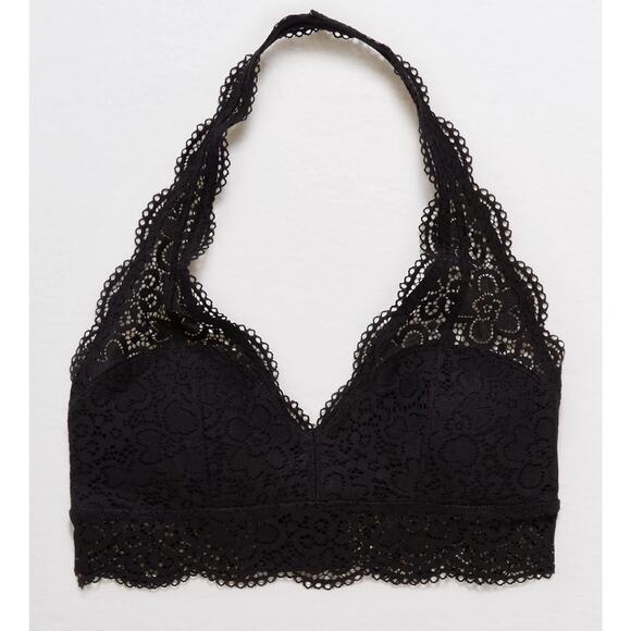 Aerie Medium M Black Stretch Wildflower Lace Padded Halter Bralette NWT American - Picture 3 of 7
